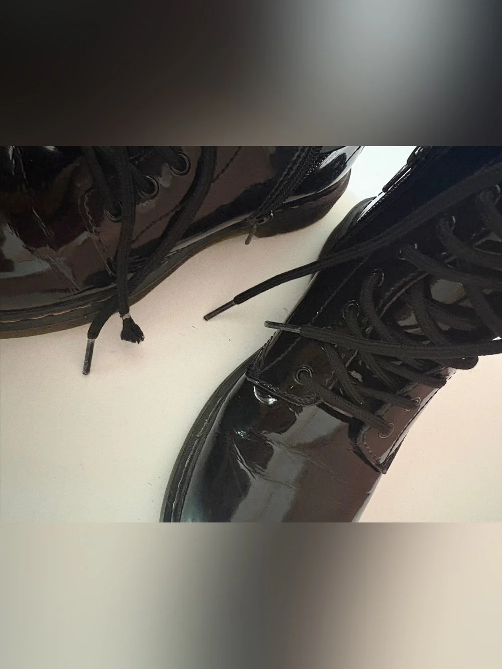 Dr. Martens Black Patent 8-Eye Boots with Yellow Stitching